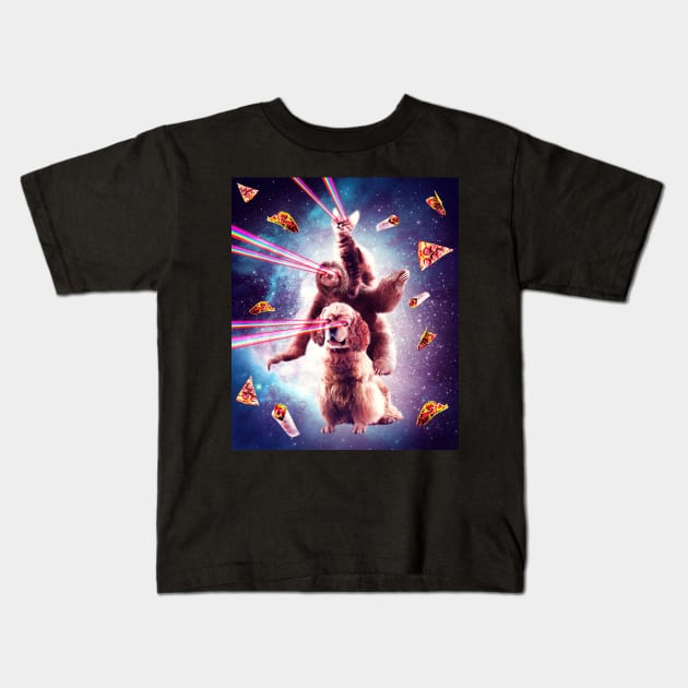 Laser Eyes Space Cat Riding Sloth, Dog - Rainbow Kids T-Shirt by Random Galaxy